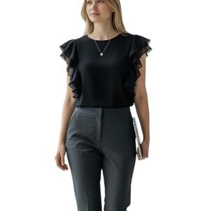 LRL Lauren Ralph Lauren Black 100% Cotton Short Sleeve Ruffled Blouse Size S